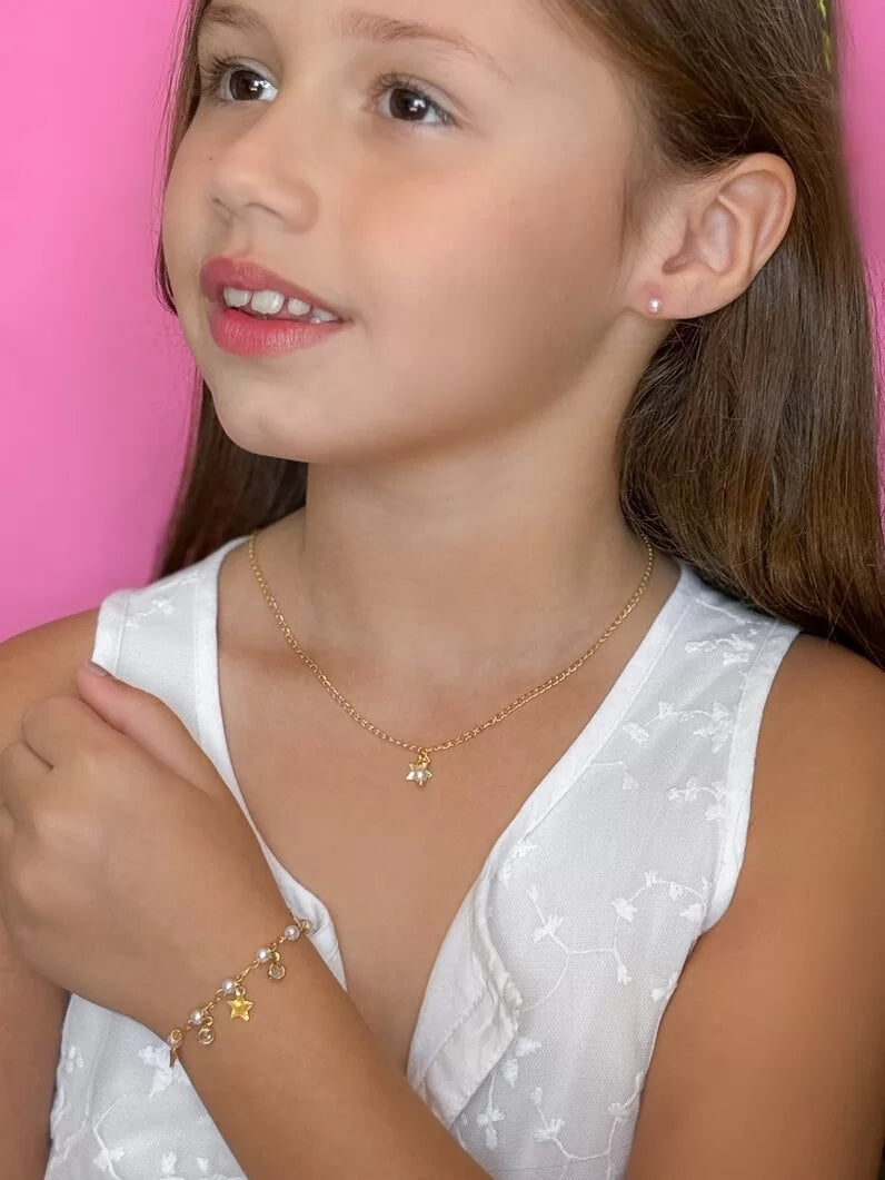 Conjunto Infantil Colar, Pulseira e Brinco de Pérolas, Zircônias e Estrelas